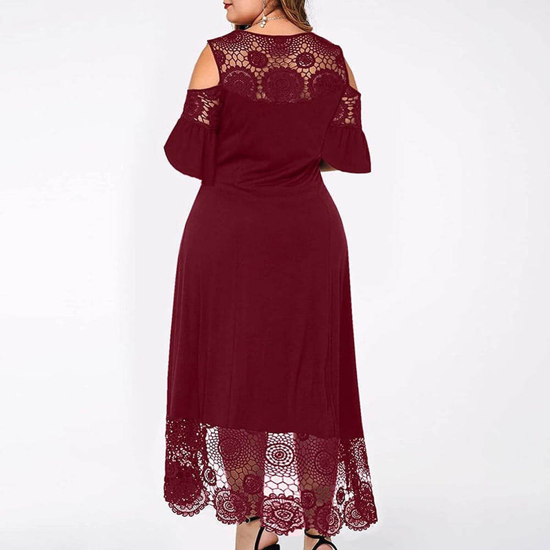 Plus Size Lace Stitching Cold Shoulder Maxi Dresses