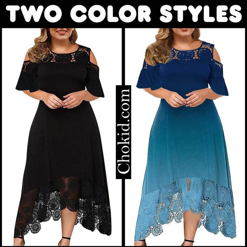 Plus Size Lace Stitching Cold Shoulder Maxi Dresses